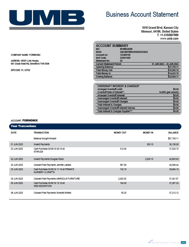 Download UMB Bank enterprise account statement Word and PDF template Photoshop template